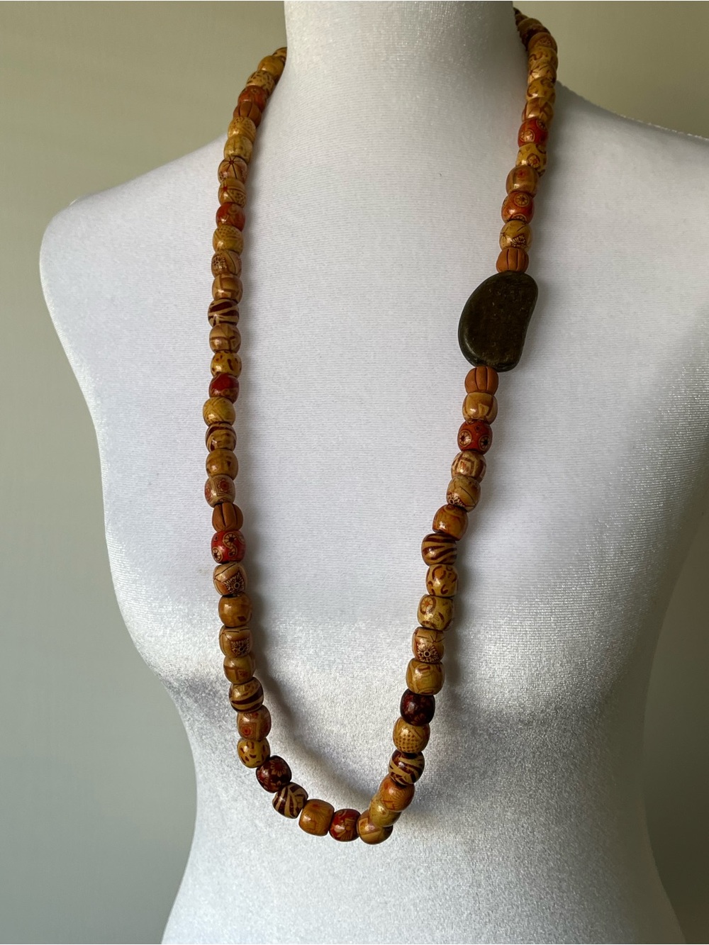 Vintage Bohemian Wood Bead Multicolor Statement Necklace Long 32”